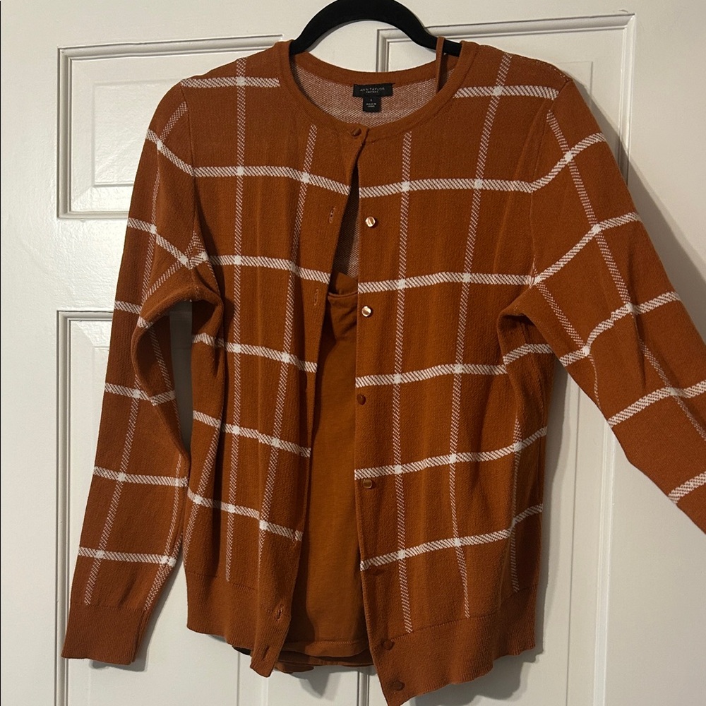 Ann Taylor Factory Orange Plaid Cardigan